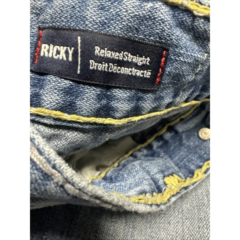 True Religion Ricky Jeans 33x31 Distressed Blue Denim Flap USA‎ Yellow Stitch